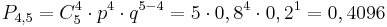
P_{4,5}=C_5^4\cdot p^4 \cdot q^{5-4}=5 \cdot 0,8^4 \cdot 0,2^1=0,4096
