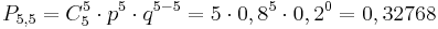 
P_{5,5}=C_5^5\cdot p^5 \cdot q^{5-5}=5 \cdot 0,8^5 \cdot 0,2^0=0,32768
